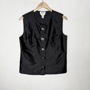 Talbots Silk Black Vest Sleeveless Top Rhinestone Button Women's 10 Petite‎